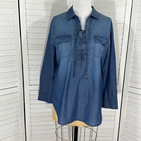 Chico’s Shirt Size 2 (12) Lace Up Cotton Popover - Picture 5 of 16